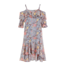 Summer new word collar strap broken flower sweet han edition of even the garment skirt long big dew shoulder chiffon dress